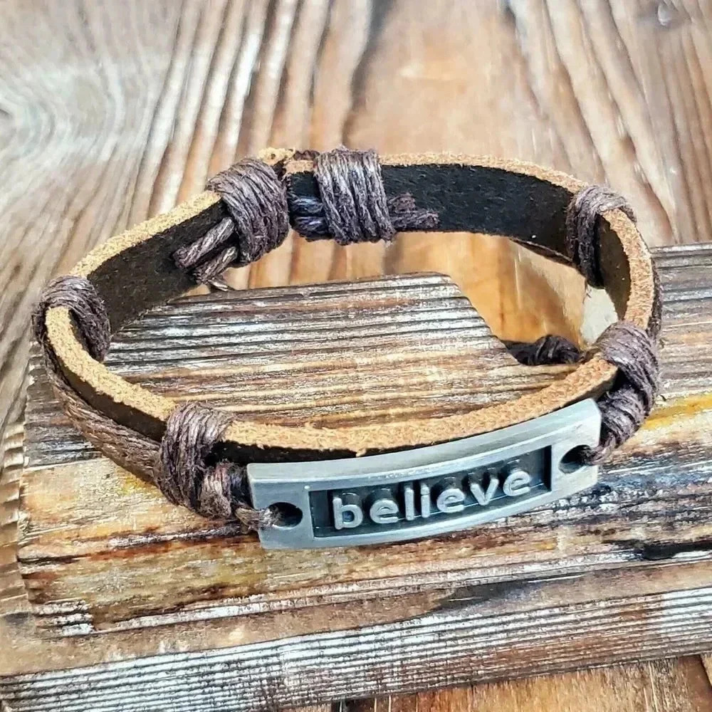 Hand Crafted Leather Believe Mindfulness Positive Affirmation Bracelet